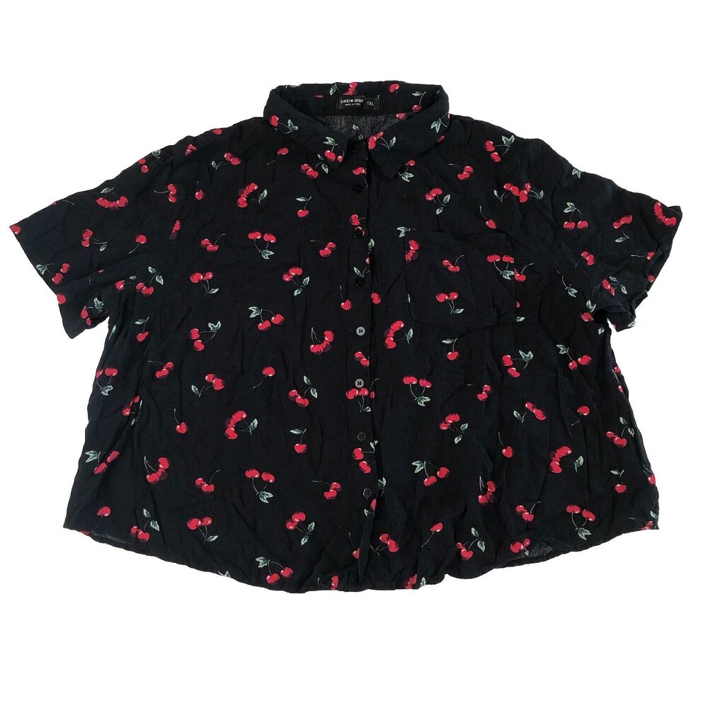 SHEIN Curve Cherry Print Button Up Shirt 1XL Black Red Retro Boxy Crop